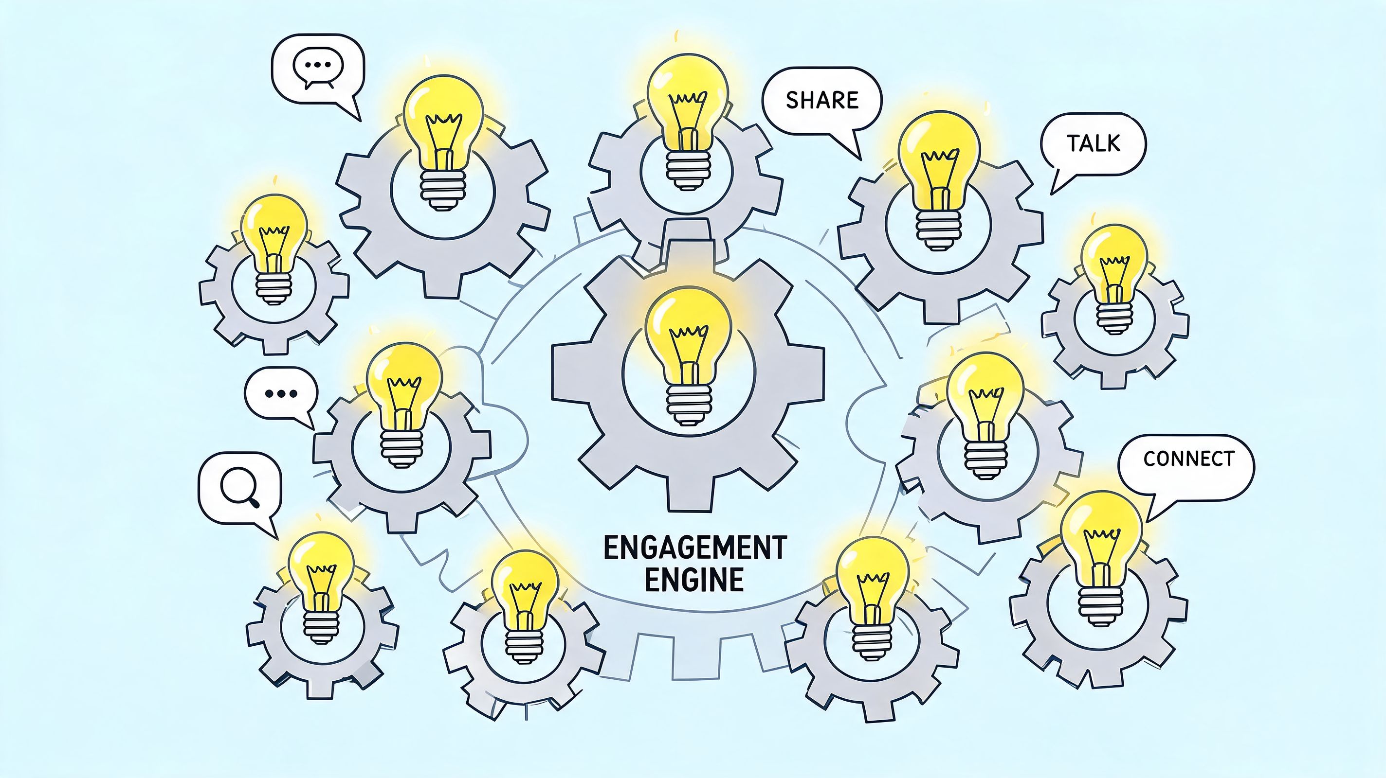 A digital illustration showing a central gear labeled Engagement Engine surrounded by interconnected gears with light bulbs.