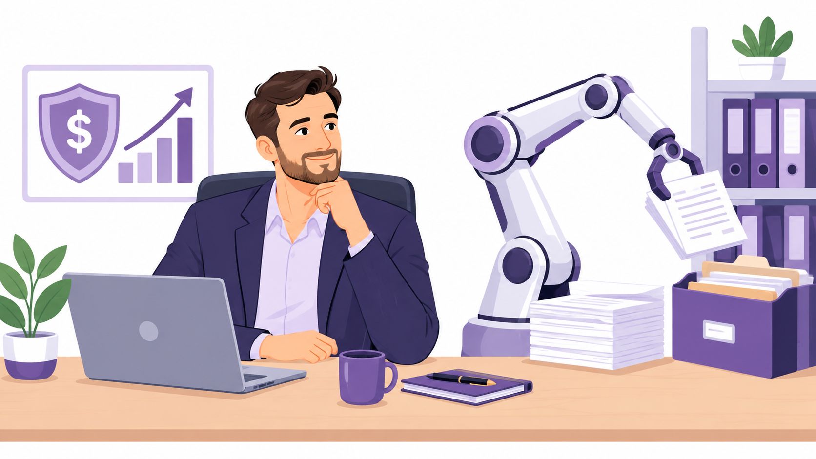 A professional businessman sitting at his desk, contemplating while a robotic arm automates his office paperwork.