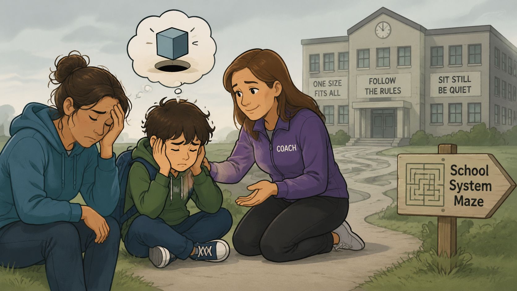 A concerned mother and a coach support a young boy struggling with the rigid school system environment.