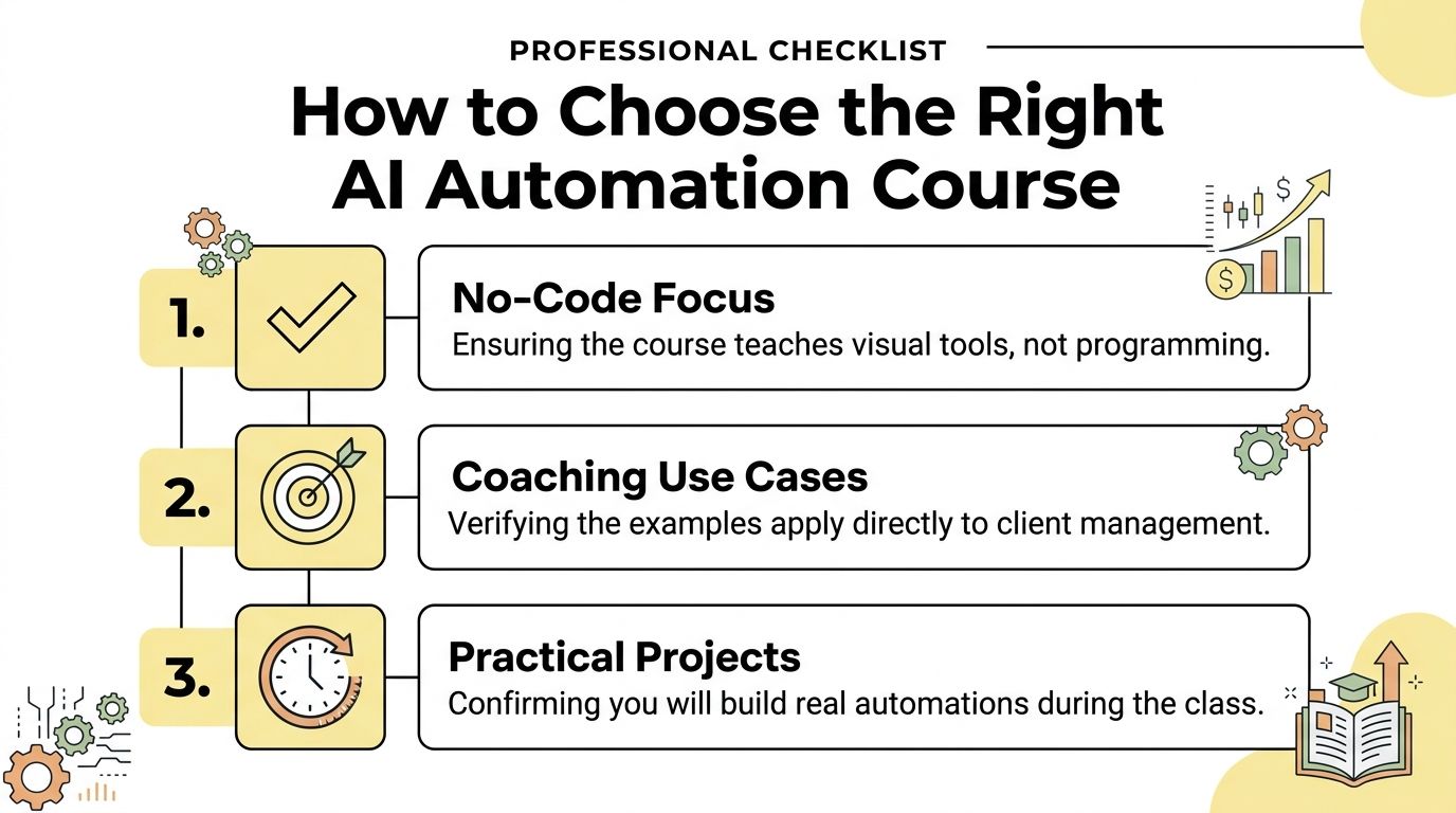 A professional checklist infographic detailing three essential criteria for choosing the right AI automation course.