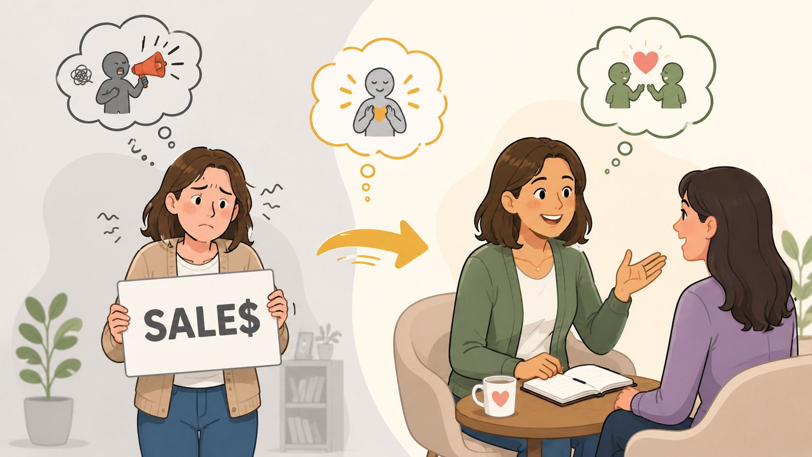 An illustration showing a transition from feeling anxious about selling to having a positive, connected conversation.