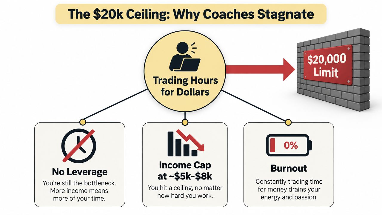 A diagram explaining why coaches hit a $20,000 income ceiling due to trading time for money.