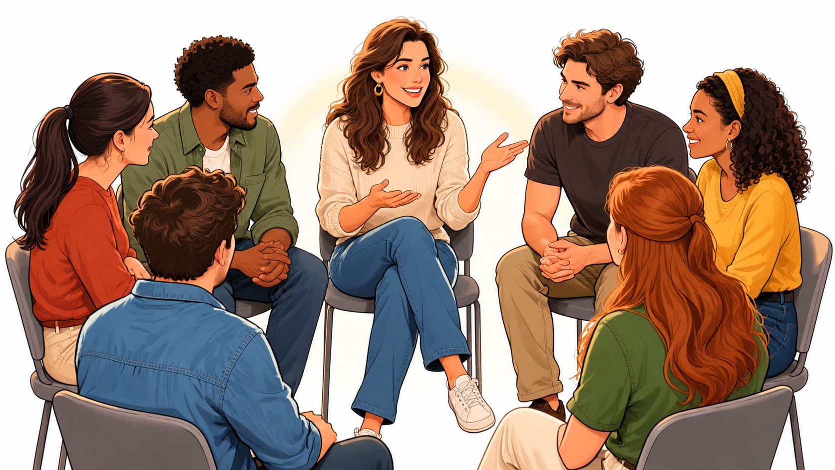 A diverse group of young adults sitting in a circle during an interactive group coaching session.