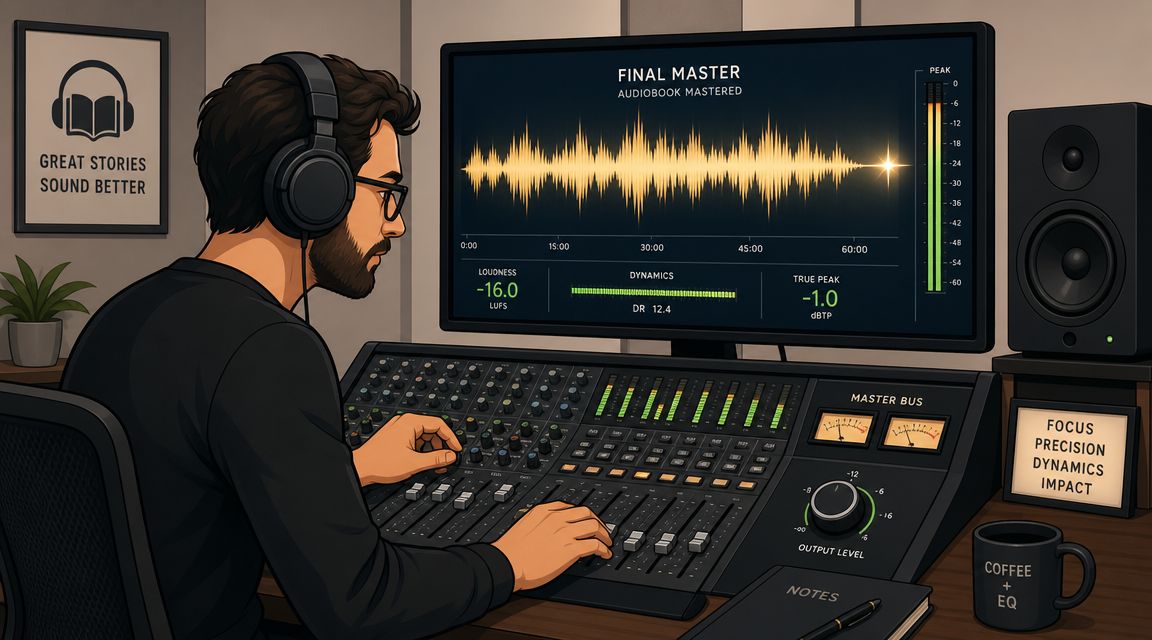A professional audio engineer mastering an audiobook using a mixing console and computer software in a studio.