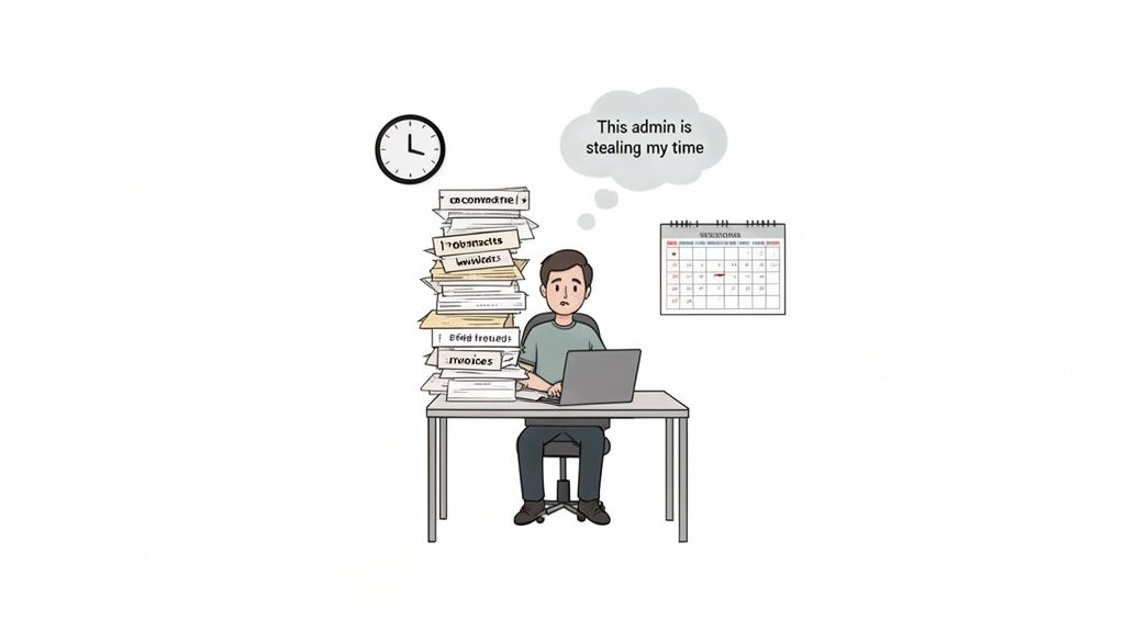 A stressed man at a desk, surrounded by stacks of paper, thinks admin is stealing his time.