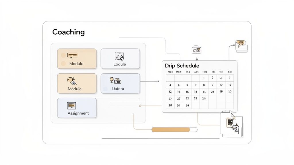 Diagram illustrating a coaching content management system with modules, assignments, and a drip schedule calendar.