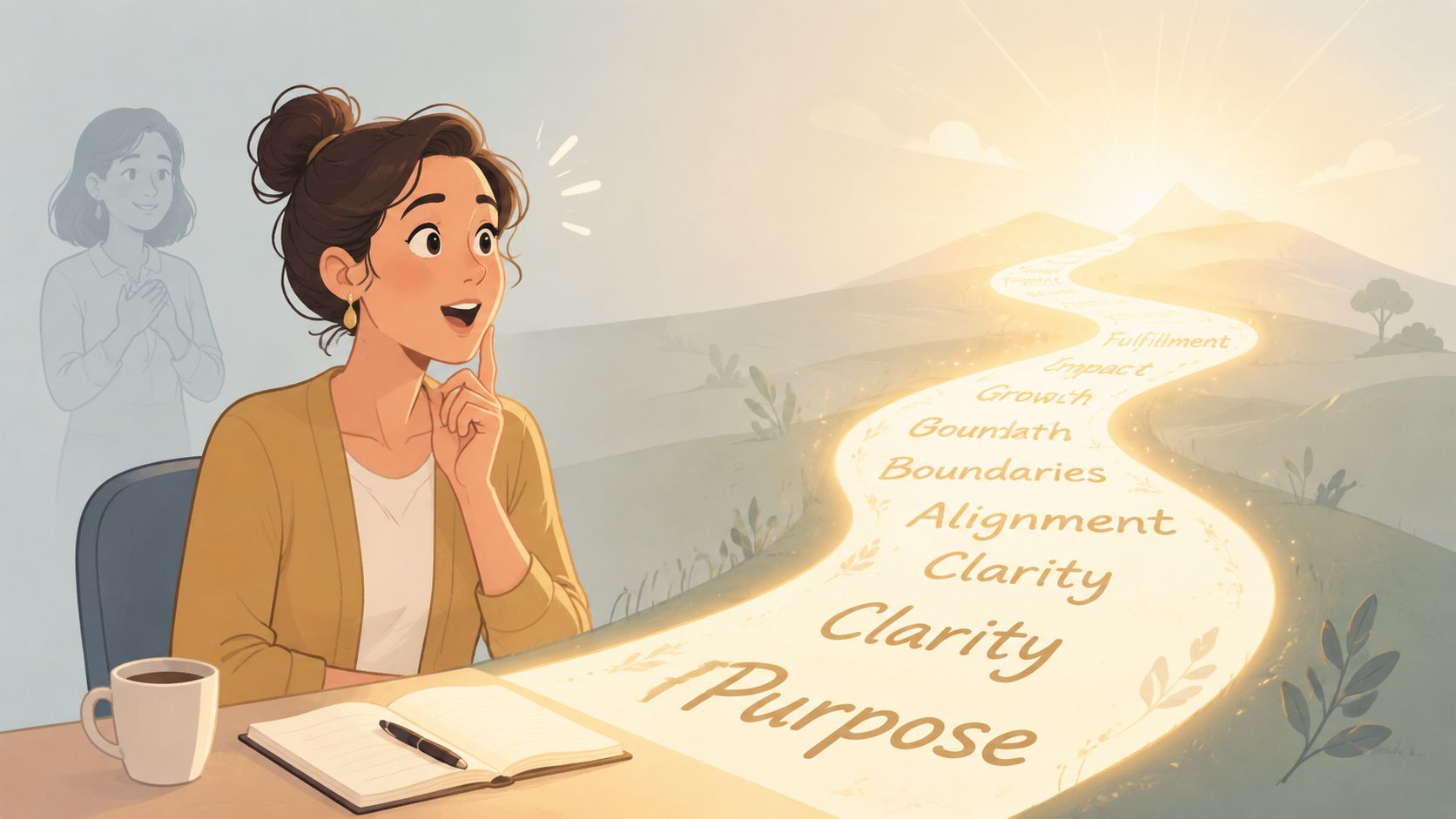 A woman looks towards a glowing pathway representing personal growth, clarity, and life purpose towards a horizon.