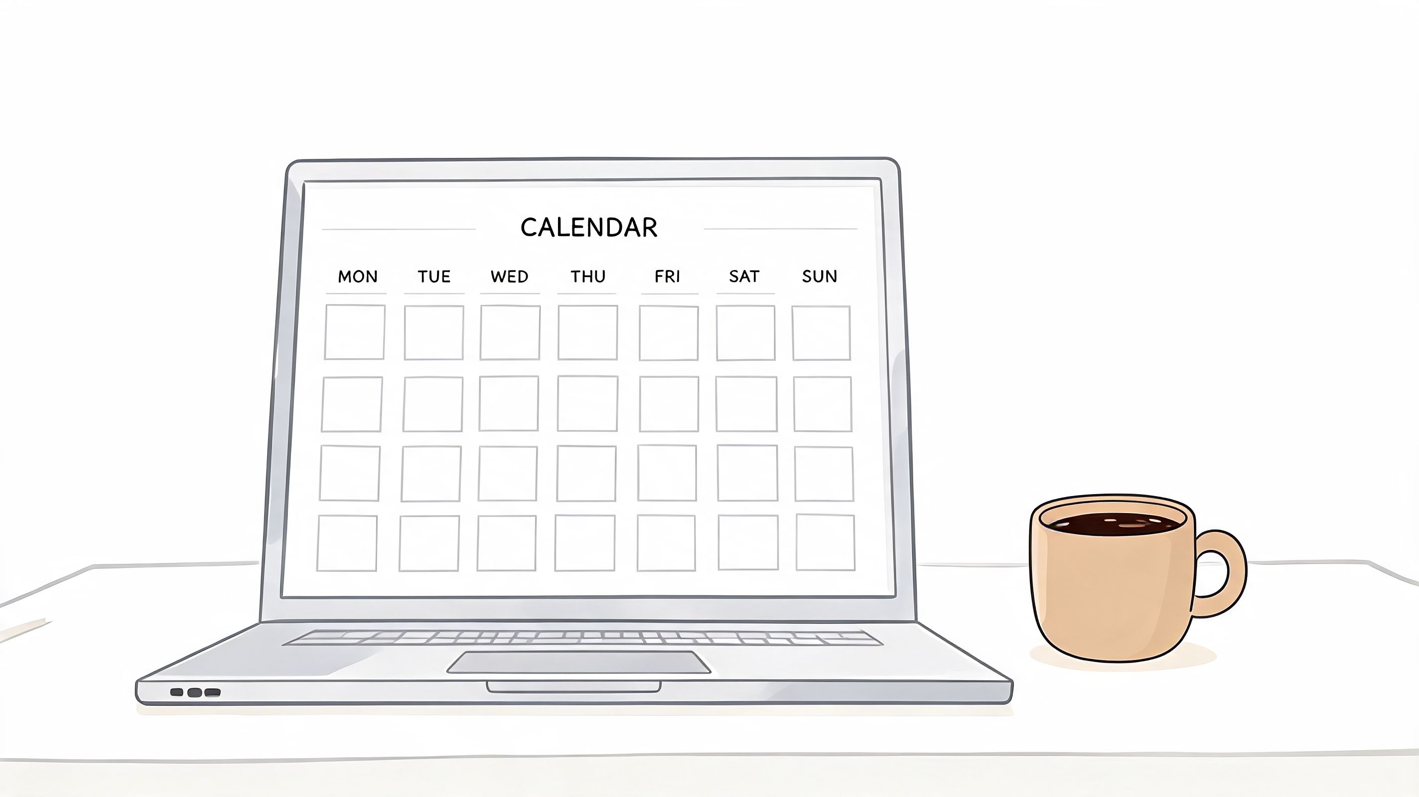 A minimalist illustration of a laptop displaying a blank calendar screen next to a coffee mug.