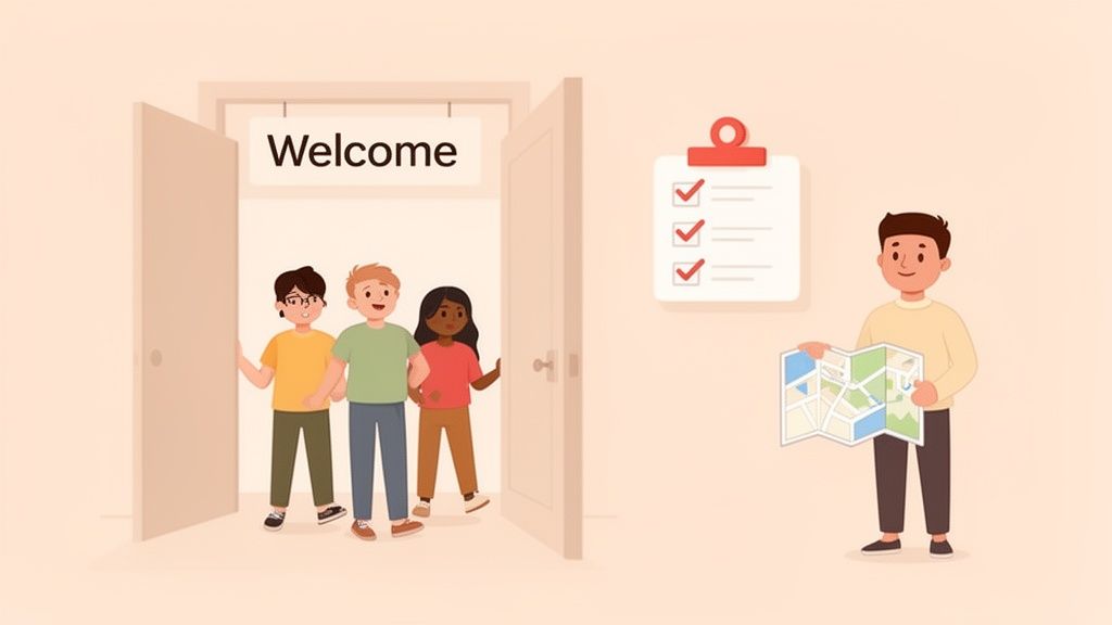 Three diverse young people entering a 'Welcome' door, while a man holds a map for guidance.