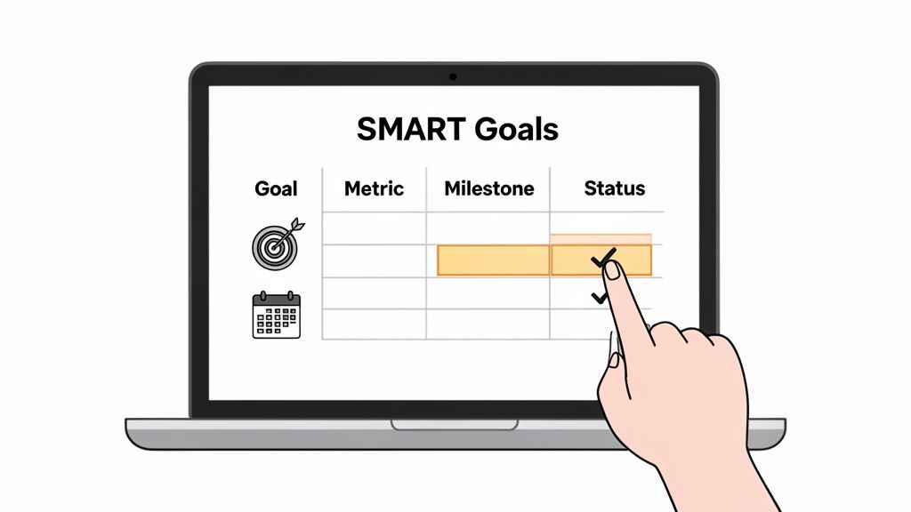 A hand adding a checkmark to a 'SMART Goals' table on a laptop screen, showing progress tracking.