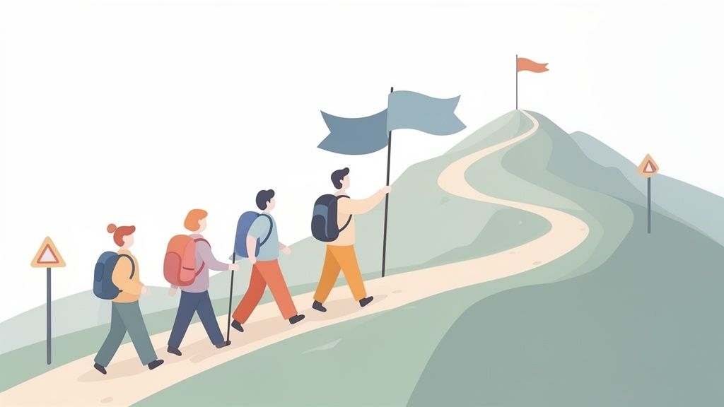 Four people with backpacks hike up a winding mountain path towards flags, symbolizing a shared journey and goals.