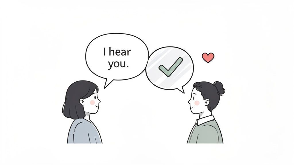 Two people communicate: one says 'I hear you,' the other responds with a checkmark and heart.