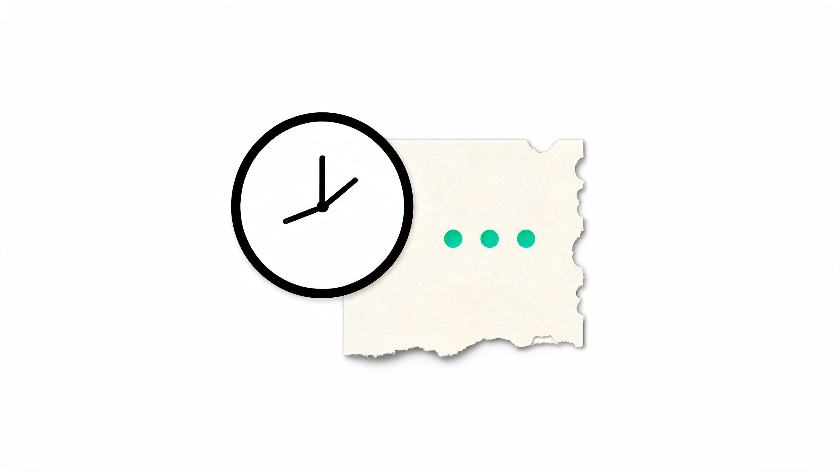 A minimal clock icon overlaid on a torn paper background featuring three green dots indicating loading.