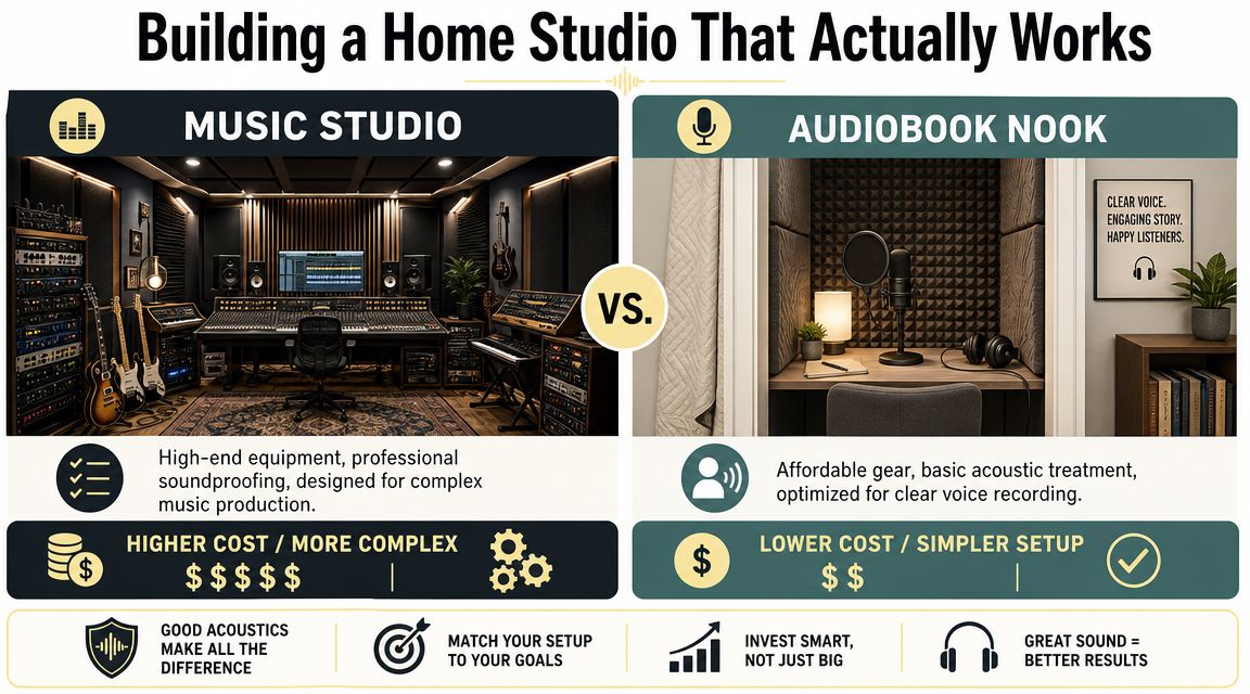 A comparison graphic showing a professional music production studio versus a simplified home audiobook recording nook.