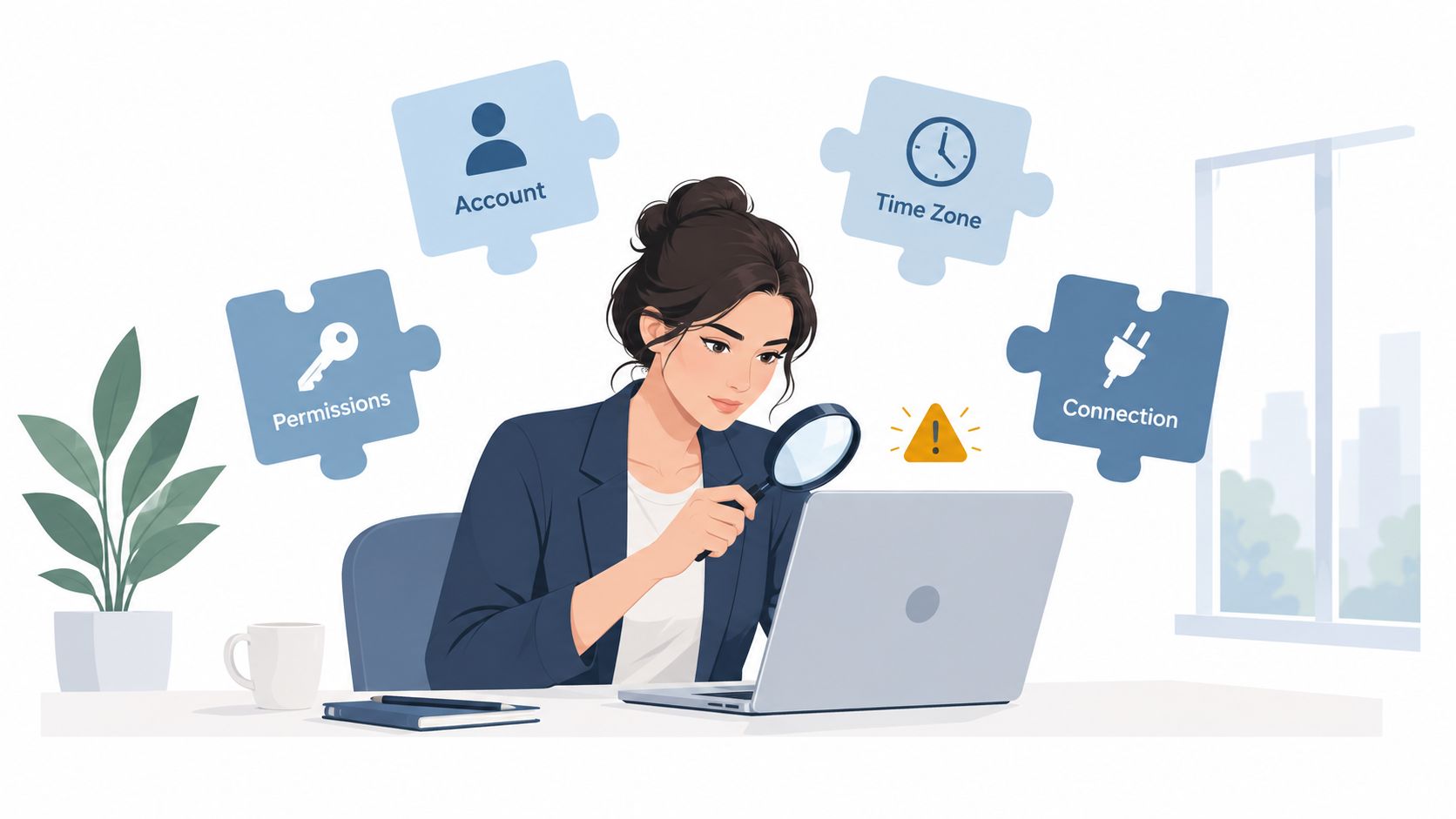 A professional woman using a magnifying glass to troubleshoot technical issues on her laptop at an office desk.