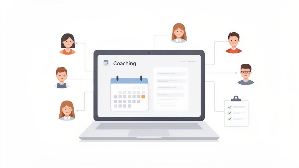 Online coaching platform on a laptop screen connecting multiple diverse individuals, managing schedules and tasks.