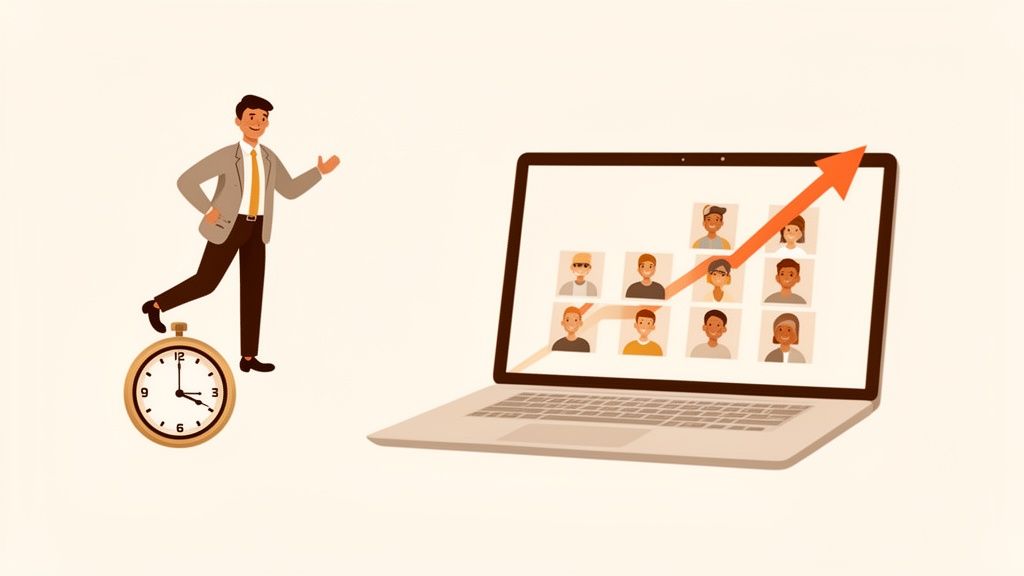 Man on a clock points to a laptop with people and a growth arrow, representing online growth.