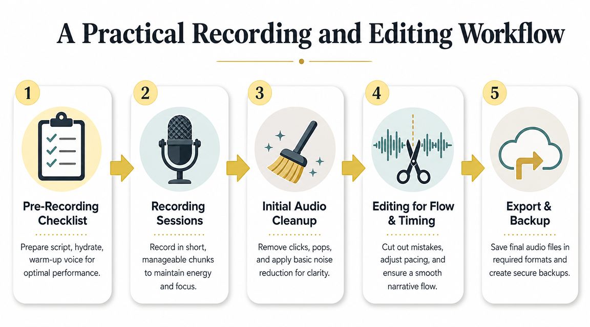 A flowchart showing a five-step professional workflow for recording and editing audio books and podcasts.
