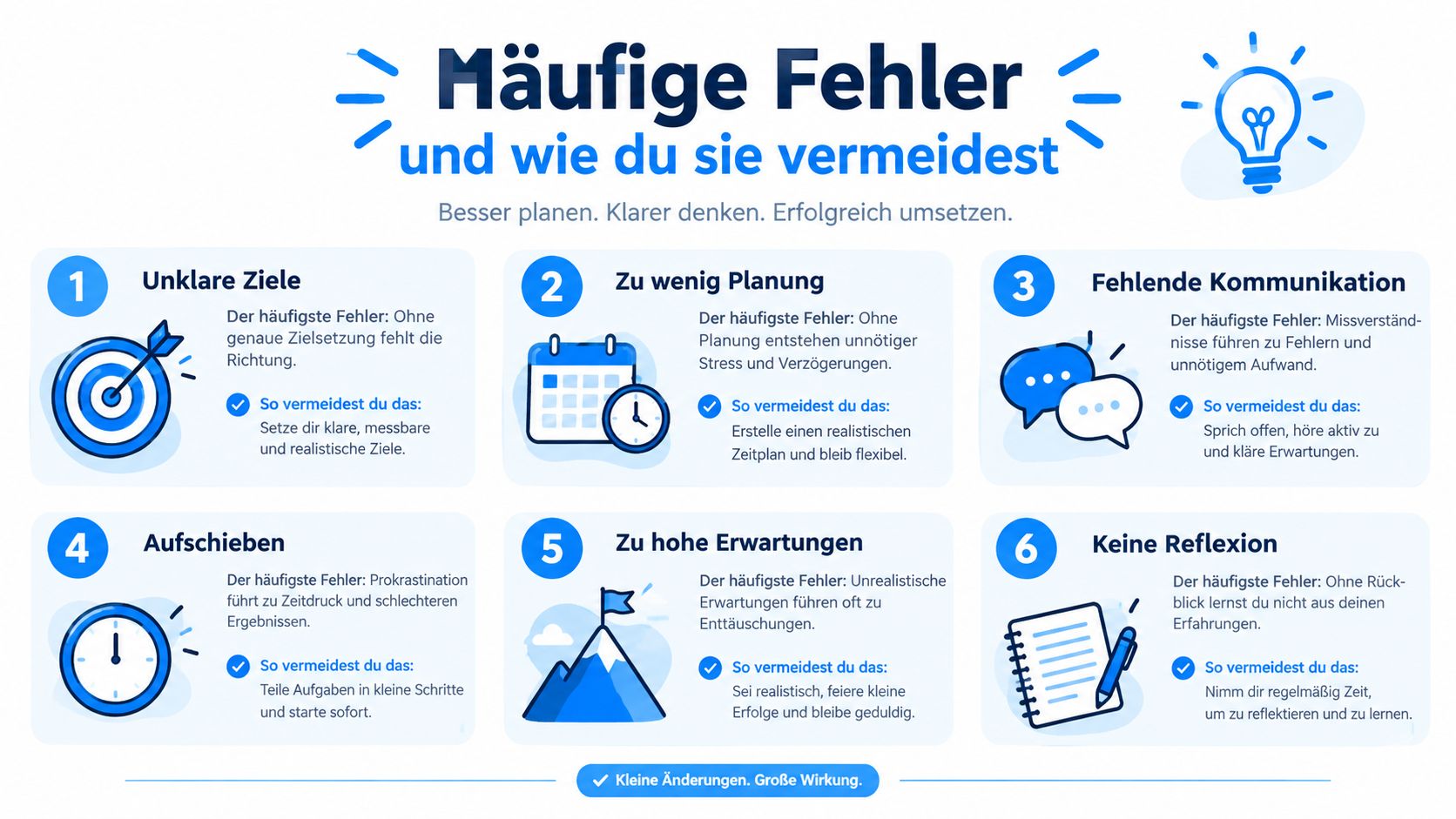 Infografik mit sechs häufigen Fehlern beim Zeitmanagement und konkreten Tipps zur Vermeidung dieser Probleme für mehr Erfolg.