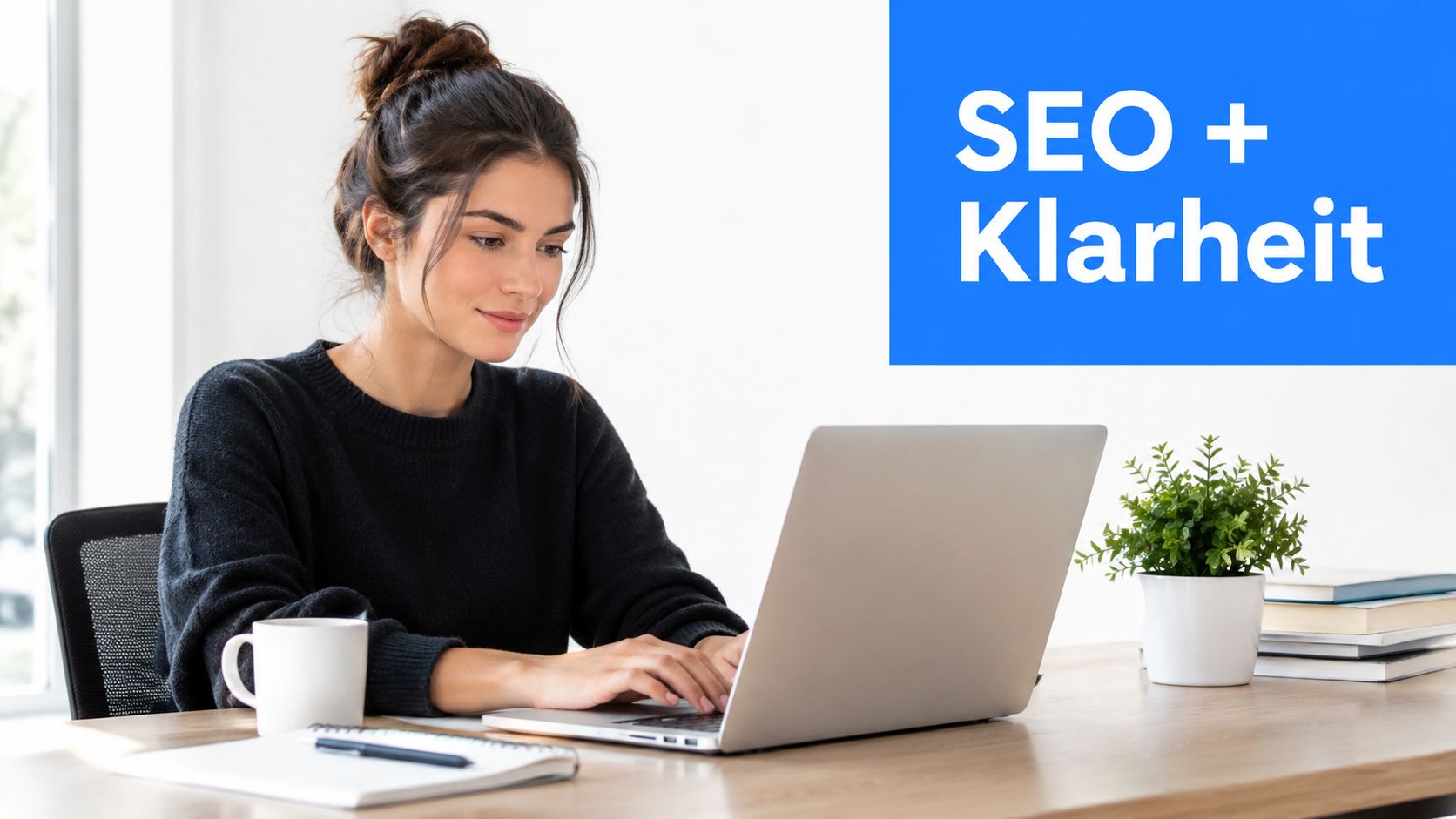 Eine Frau arbeitet konzentriert an ihrem Laptop an einem hellen Schreibtisch mit einer Tasse Kaffee