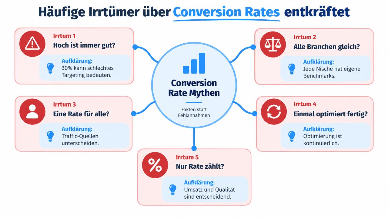 Eine Infografik, die fünf häufige Irrtümer über Conversion Rates in der Online-Marketing-Branche aufklärt und entkräftet.