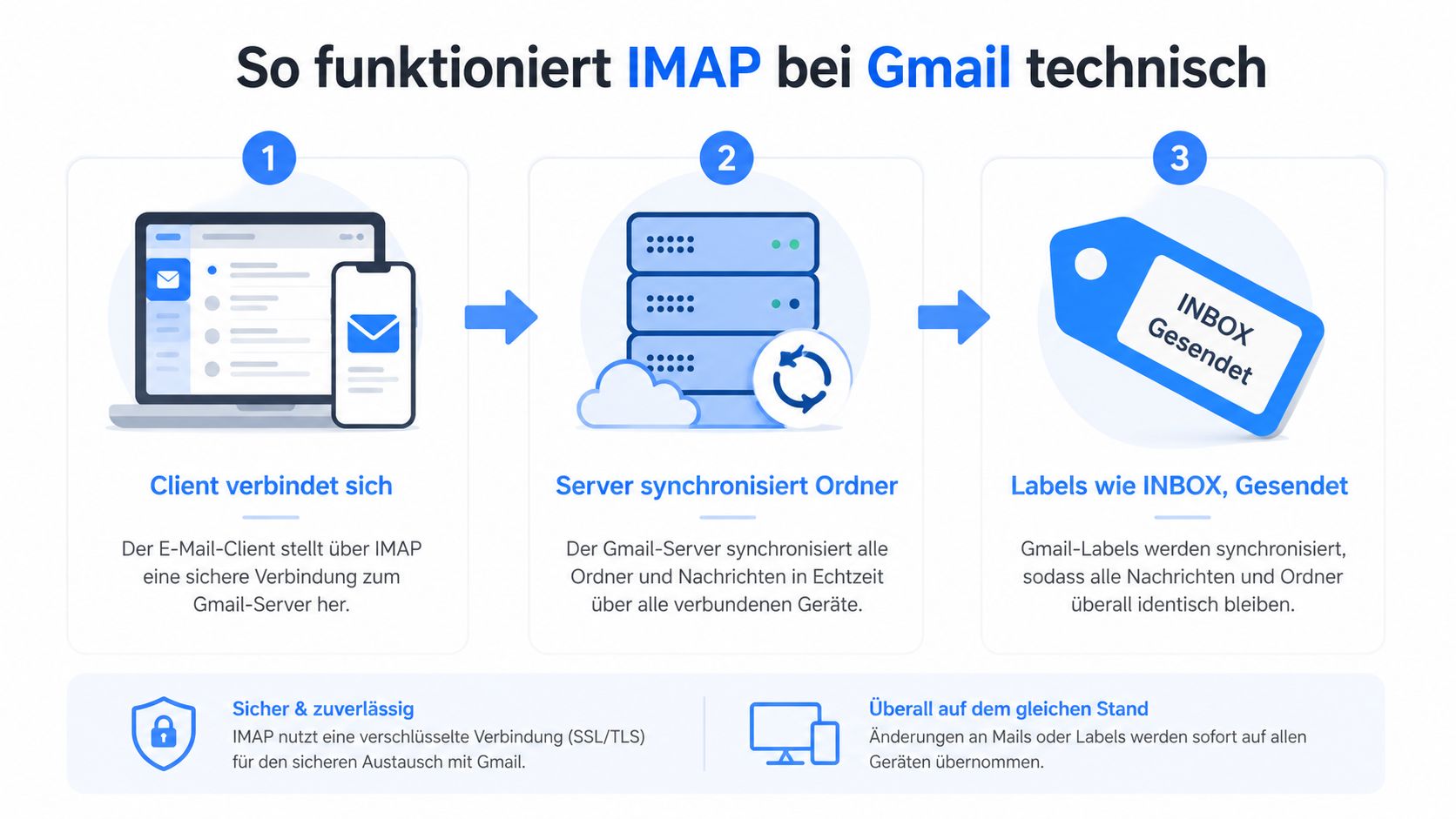 Eine Infografik erklärt die Funktionsweise von IMAP bei Gmail in drei einfachen Schritten mit Synchronisierung und Labels.