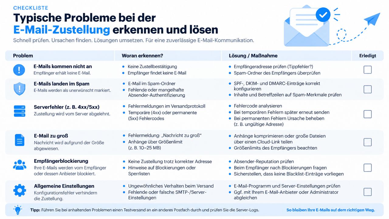 Eine übersichtliche Checkliste zur Erkennung und Lösung typischer Probleme bei der Zustellung von E-Mails.