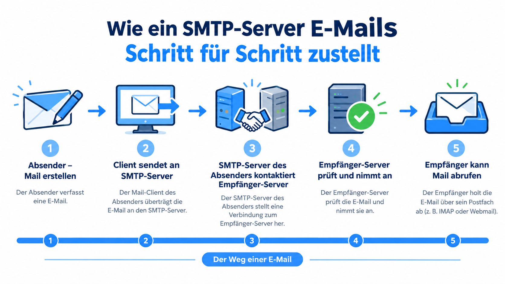 Eine Infografik, die den schrittweisen Weg einer E-Mail vom Absender bis zum Empfänger über SMTP-Server veranschaulicht.