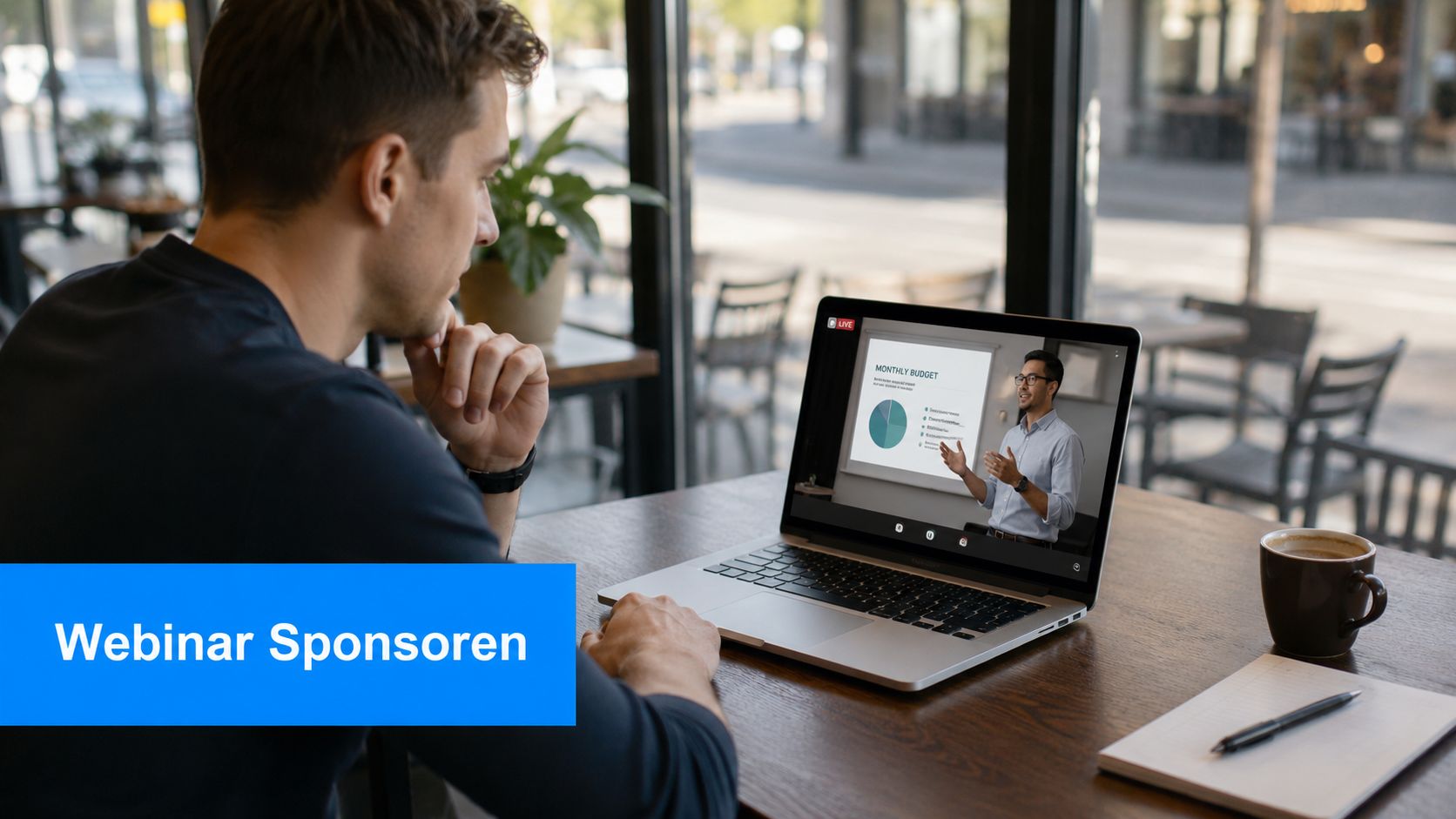 Ein Mann sitzt in einem Café und verfolgt aufmerksam ein Online-Webinar über geschäftliche Budgets auf seinem Laptop.