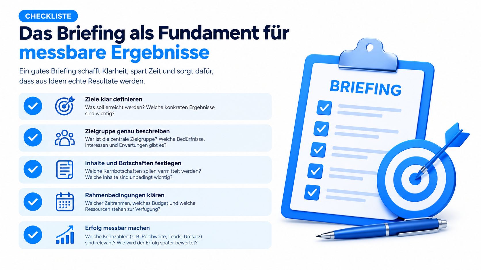 Eine Checkliste als Infografik zum Thema Briefing für messbare Ergebnisse mit fünf wichtigen Punkten für Projekte.