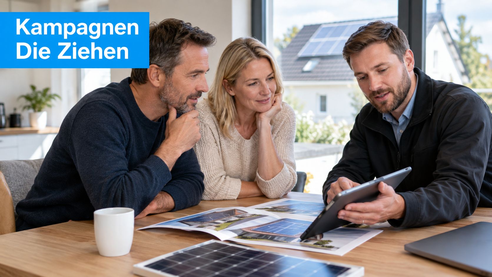 Ein Berater bespricht mit einem Ehepaar an einem Tisch die Planung einer privaten Solaranlage auf dem Tablet.