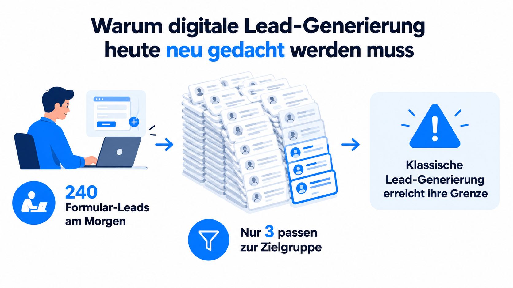 Eine Infografik verdeutlicht die ineffiziente digitale Lead-Generierung mit vielen unpassenden Formularen und wenigen qualifizierten Zielgruppen-Leads.
