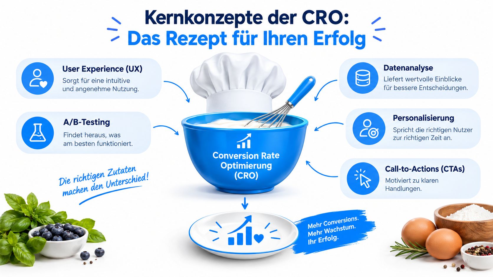 Eine Infografik zur Conversion Rate Optimierung mit sechs Kernkonzepten dargestellt als Zutaten für ein erfolgreiches Rezept.