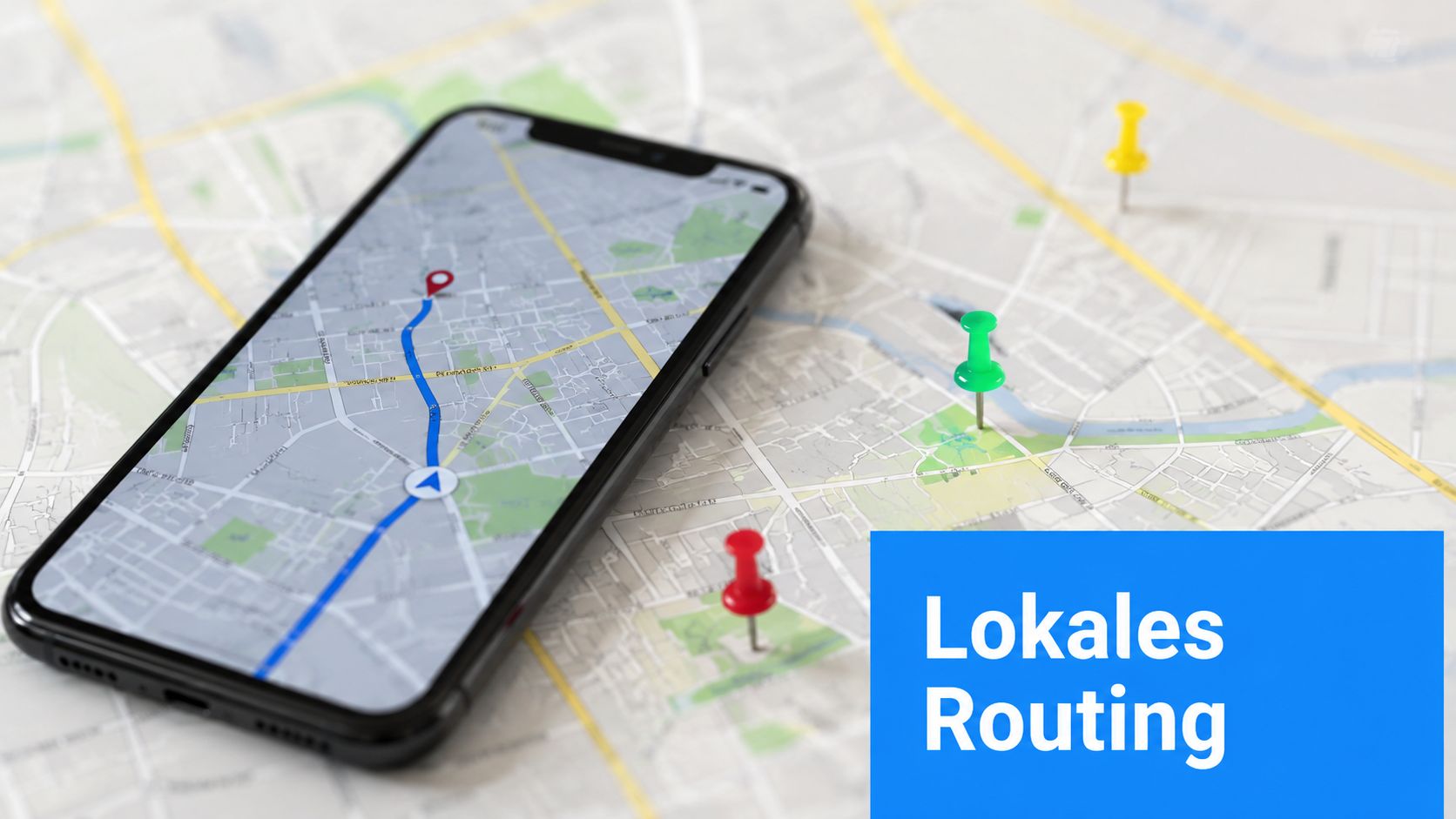 Ein Smartphone mit einer Navigations-App auf einer physischen Karte mit bunten Stecknadeln für lokales Routing dargestellt.