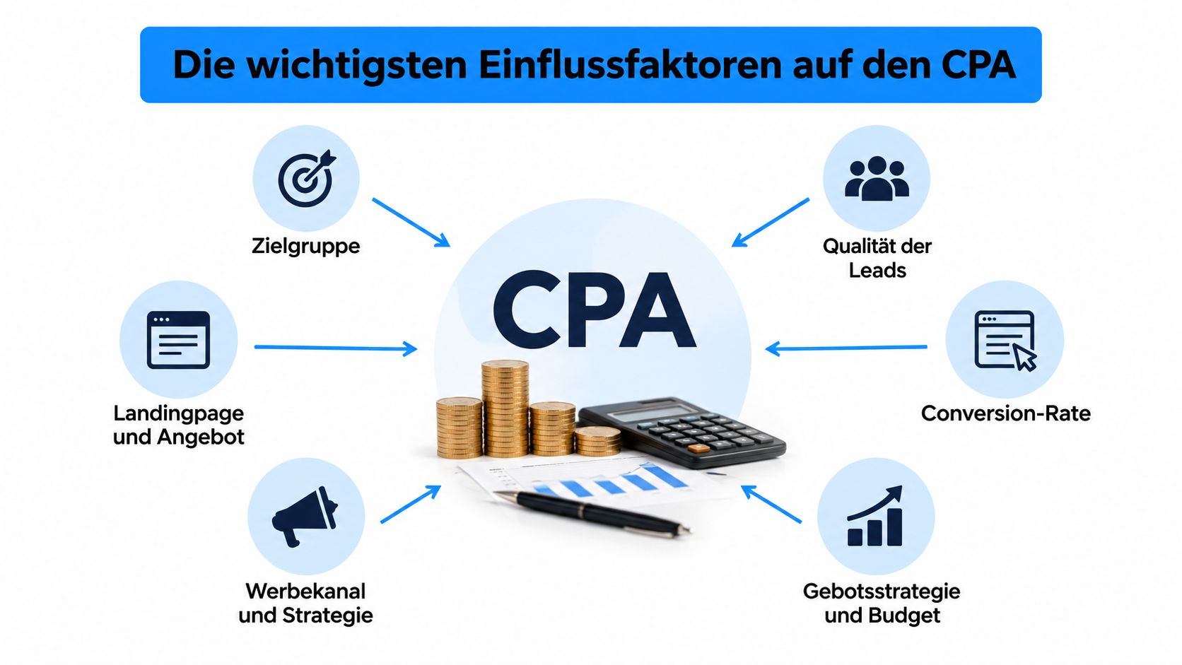 Eine Infografik mit dem Titel Die wichtigsten Einflussfaktoren auf den CPA, die Faktoren wie Zielgruppe und Conversion-Rate zeigt.