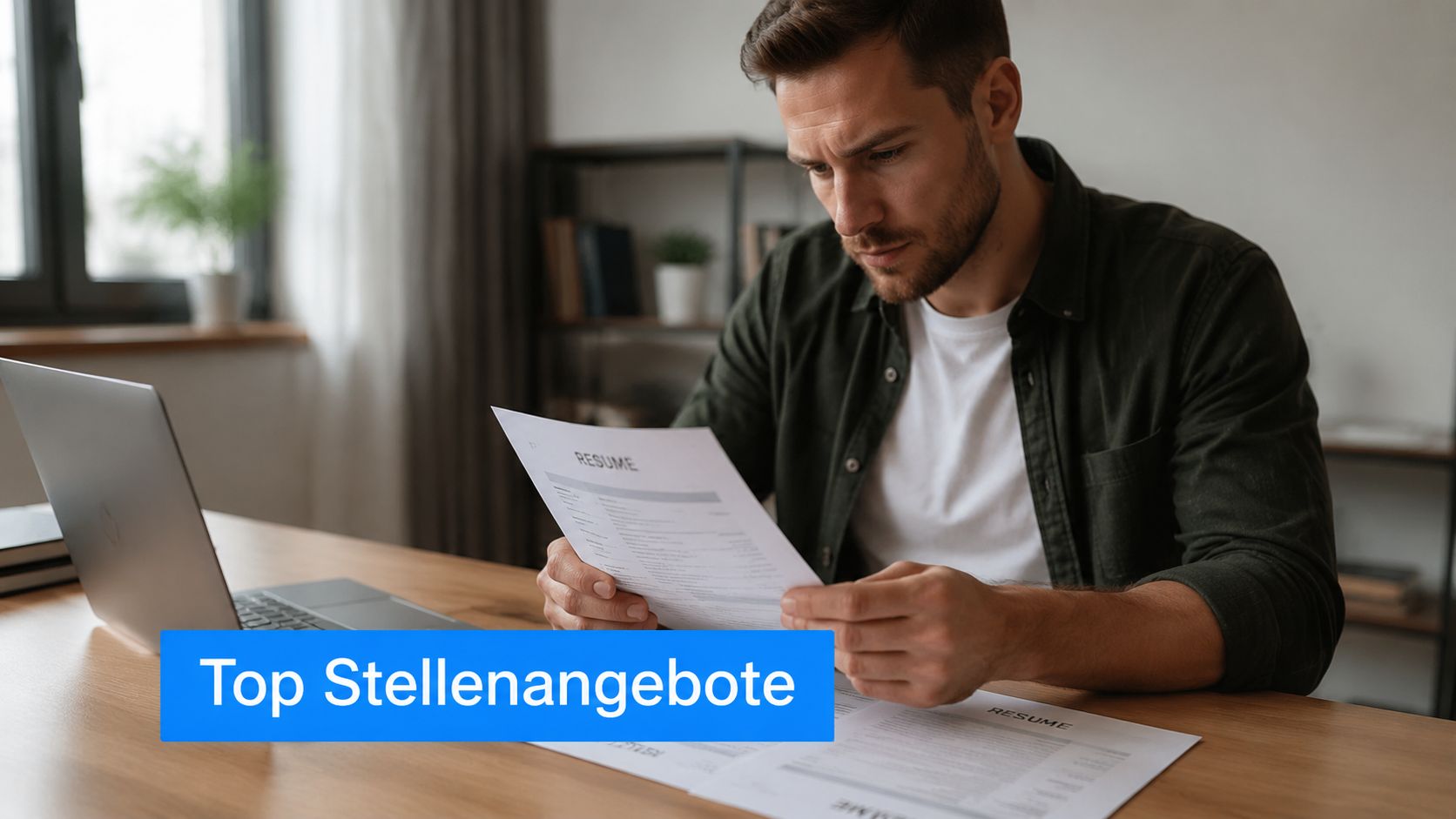 Ein fokussierter Mann sitzt an einem Schreibtisch mit einem Laptop und prüft verschiedene Lebensläufe für Stellenangebote.