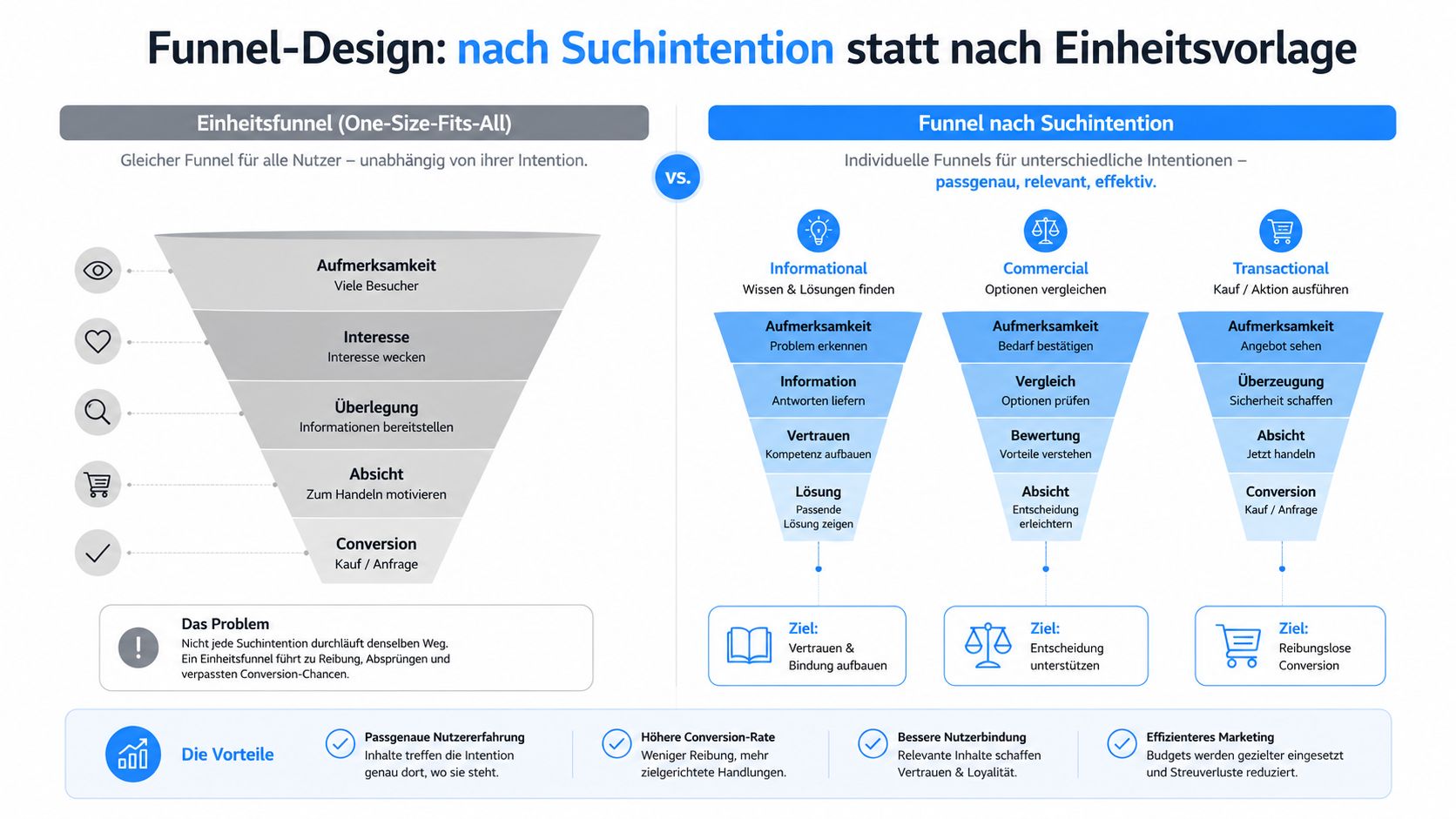Vergleich zwischen einem Einheitsfunnel und maßgeschneiderten Marketing-Funnels basierend auf der Suchintention des Nutzers zur Steigerung der Conversion.