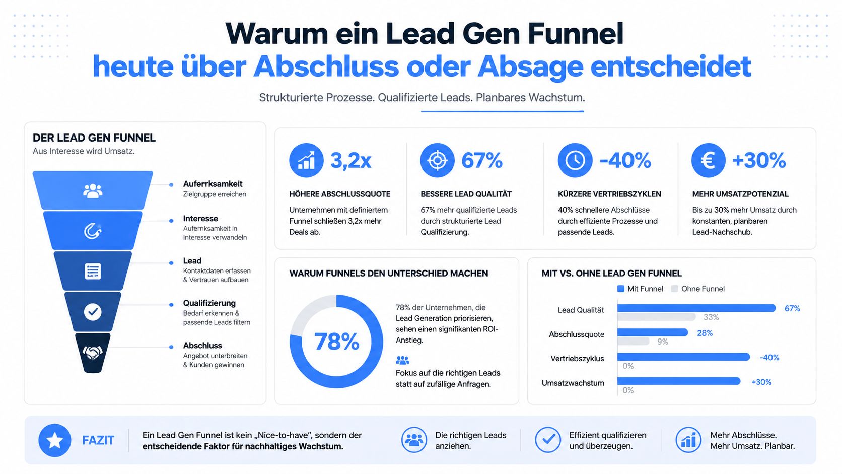 Eine Infografik zeigt die Vorteile eines Lead Gen Funnels für strukturierte Prozesse und planbares Unternehmenswachstum.