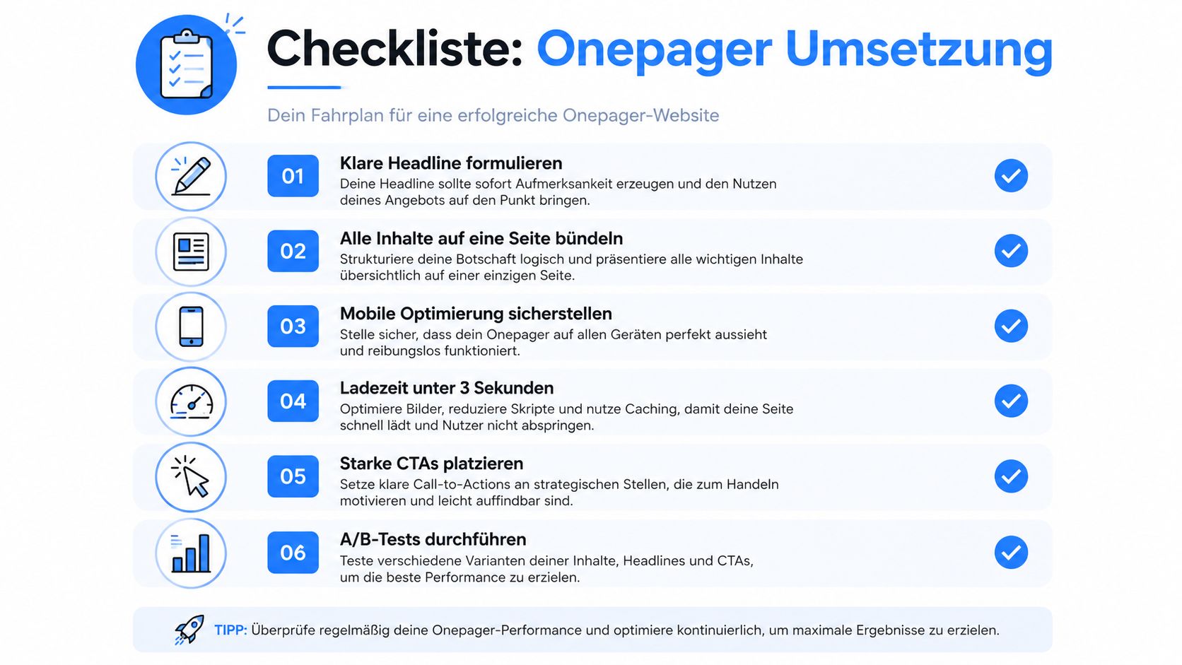 Eine Checkliste für die erfolgreiche Umsetzung einer Onepager-Website mit sechs wichtigen Schritten zur Optimierung.