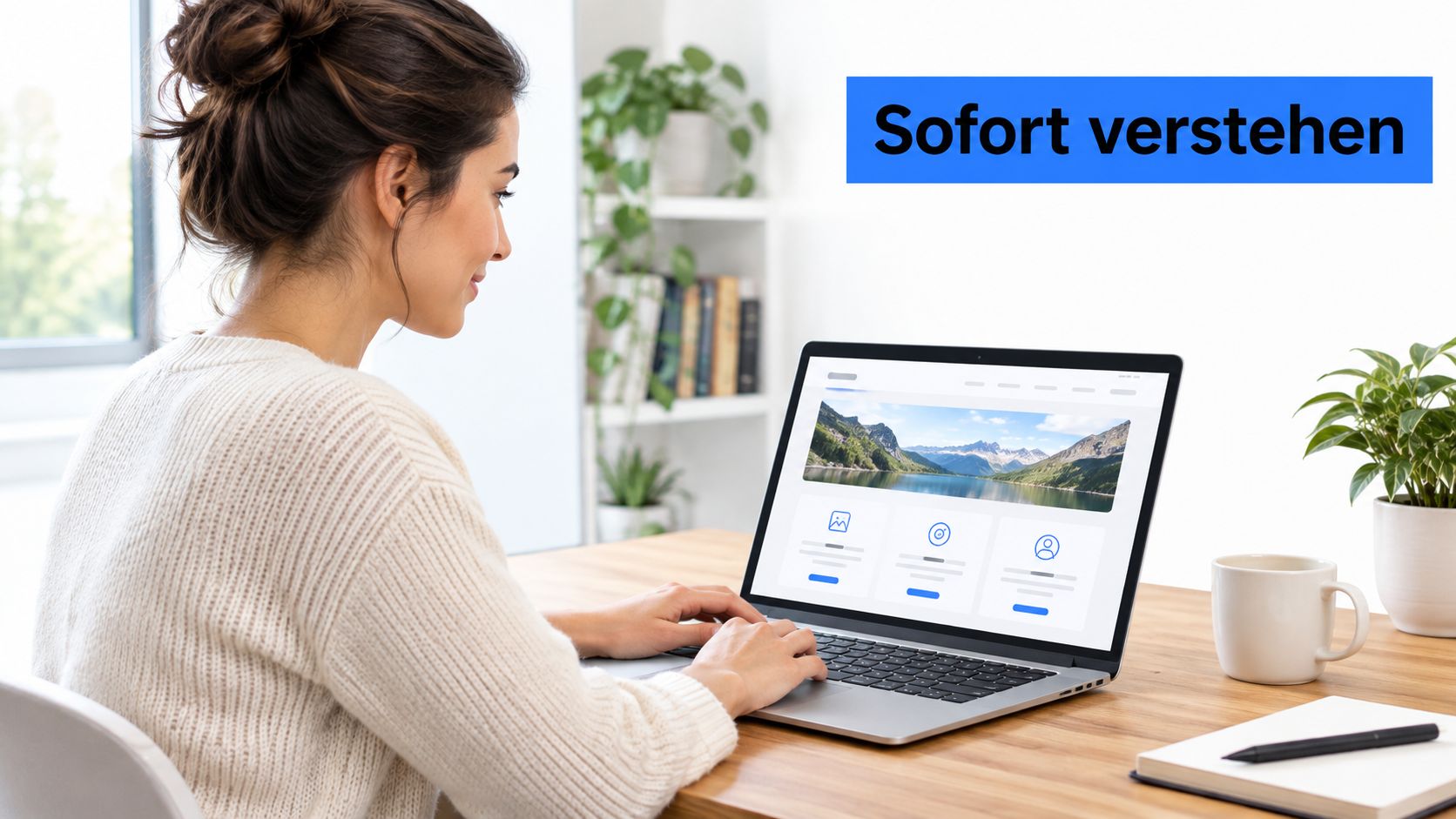 Eine Frau sitzt an einem Schreibtisch und arbeitet konzentriert an einem Laptop mit einer Landingpage-Gestaltung.