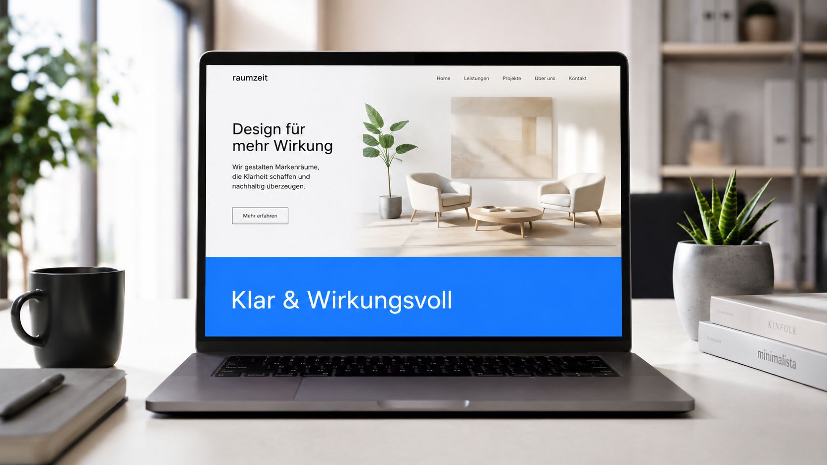 Ein Laptop-Bildschirm zeigt die Webseite von Raumzeit mit dem Slogan Design für mehr Wirkung und Kontaktmöglichkeiten.