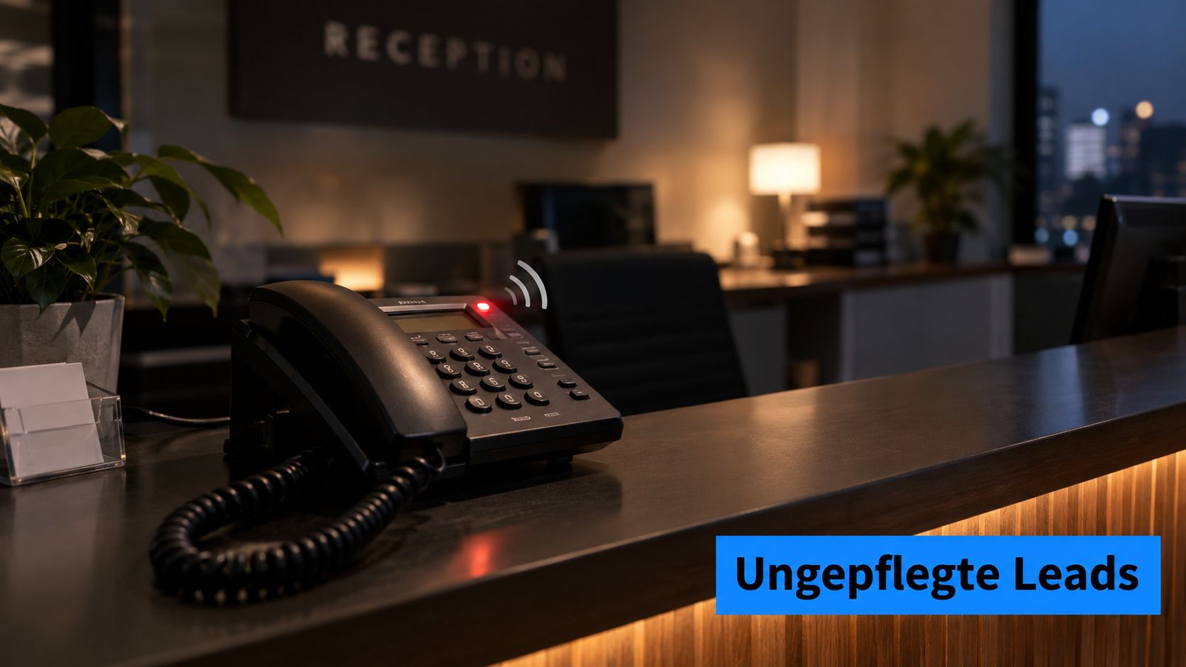 Ein schwarzes Telefon auf einem Empfangstresen mit der Aufschrift Ungepflegte Leads auf blauem Hintergrund.