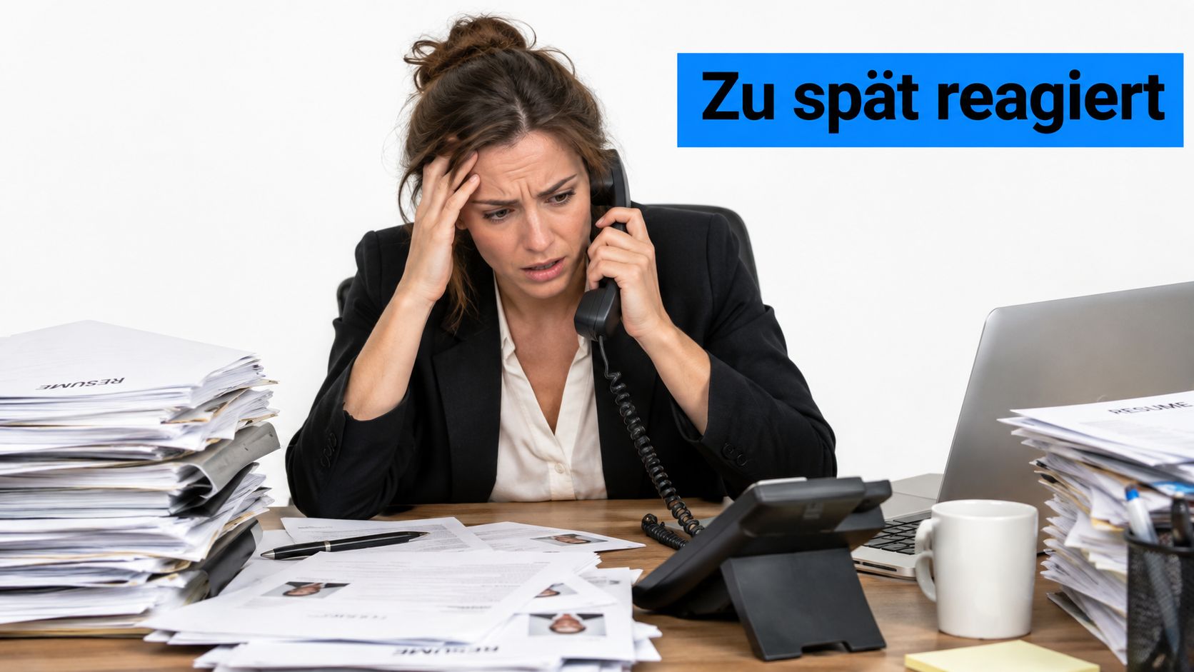 Eine gestresste Personalvermittlerin telefoniert an einem Schreibtisch mit vielen Lebensläufen und einem Laptop, überschrieben mit Zu spät reagiert.