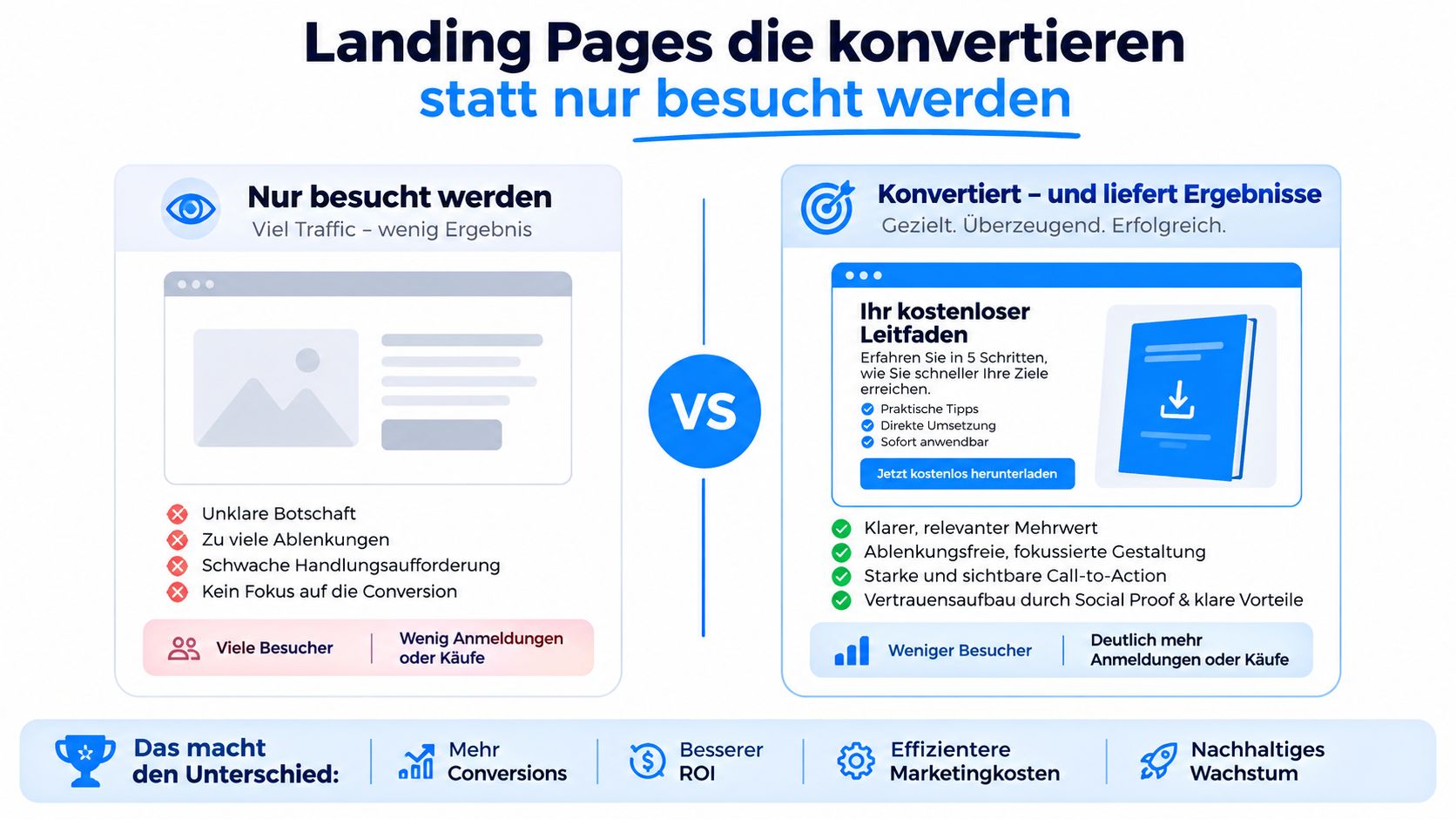 Vergleich zwischen einer nicht konvertierenden Landingpage und einer optimierten Landingpage mit Fokus auf bessere Ergebnisse.