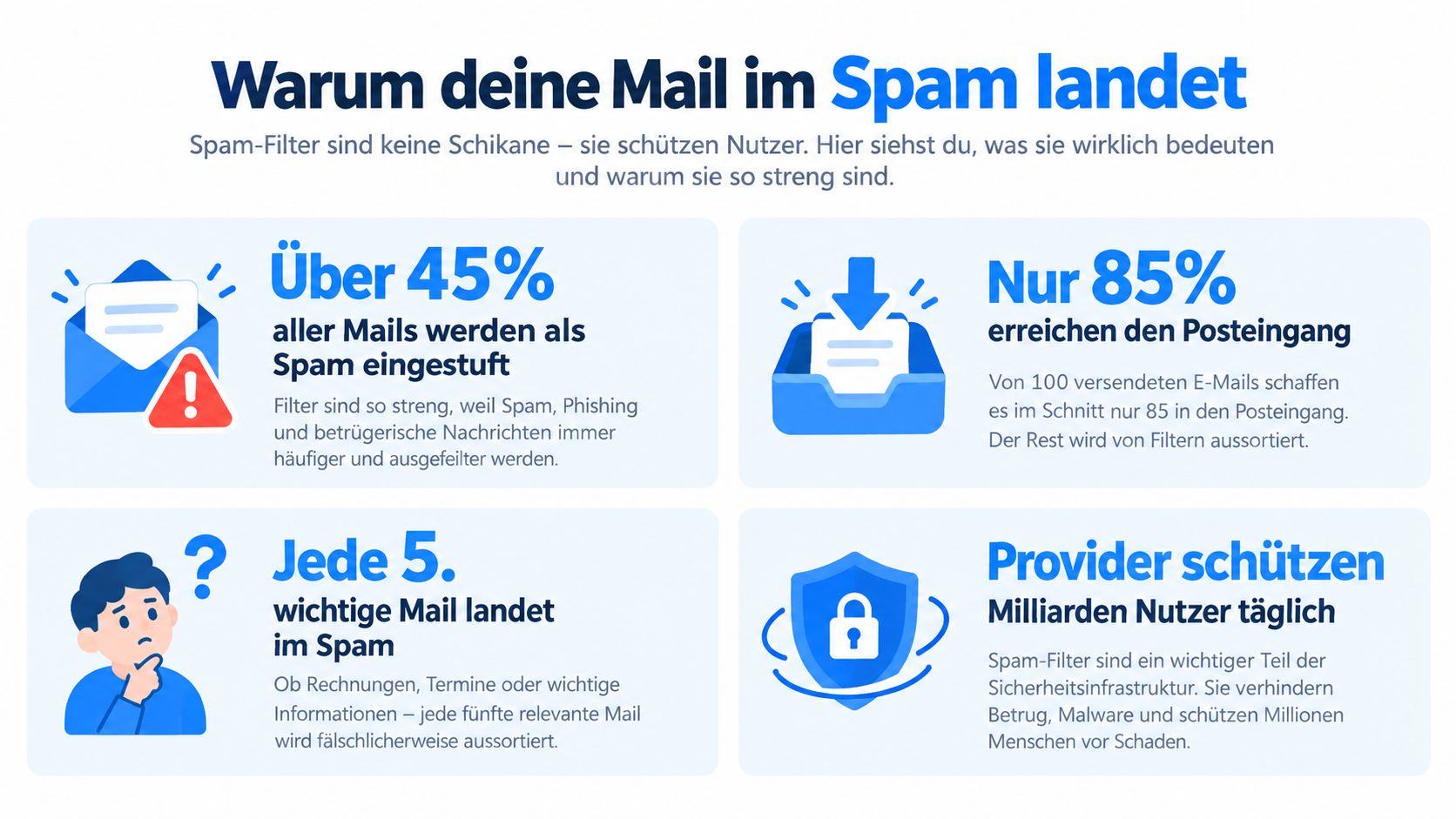 Infografik darüber, warum E-Mails im Spam landen und welche Rolle Spam-Filter für die Sicherheit spielen.