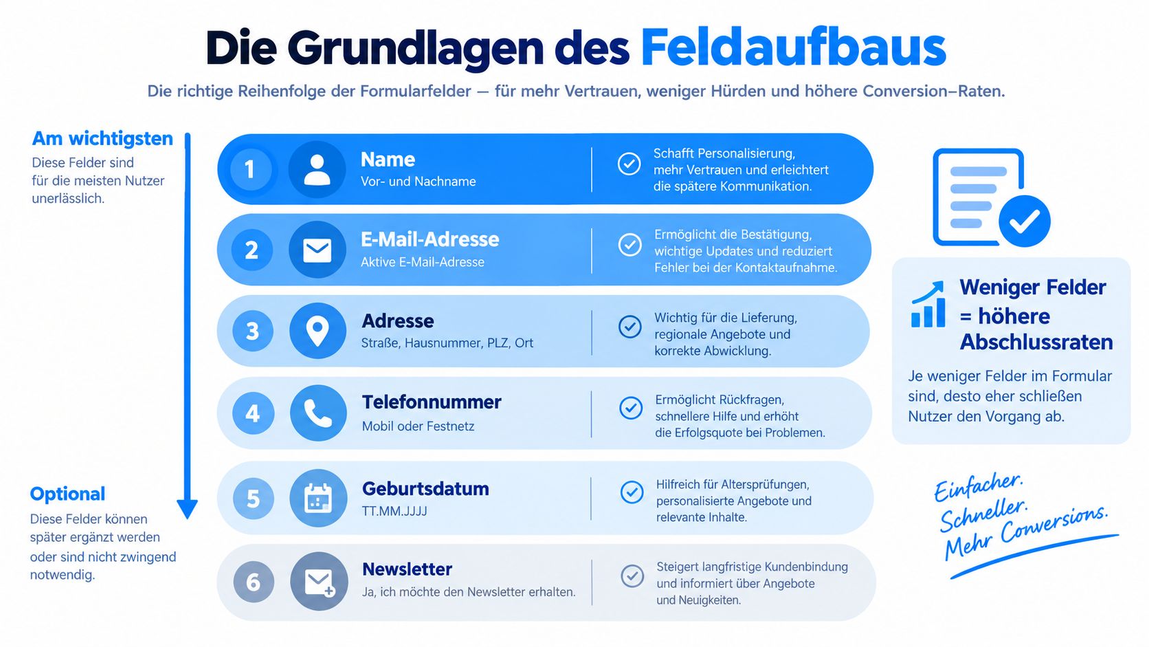 Eine Grafik zeigt die optimale Reihenfolge von Formularfeldern auf einer Website zur Steigerung der Conversion-Rate.