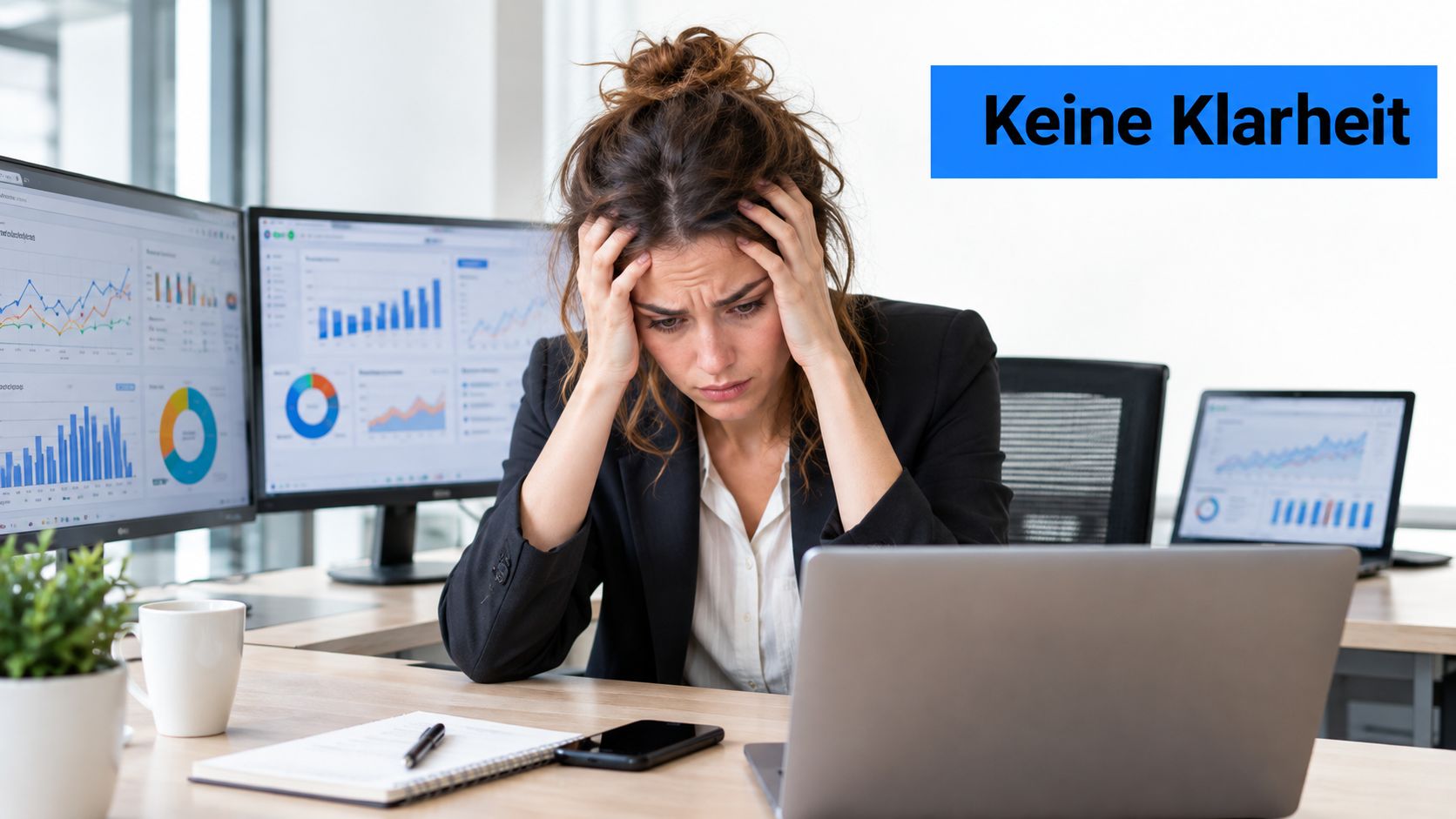 Eine gestresste Geschäftsfrau sitzt vor mehreren Monitoren mit Diagrammen und wirkt aufgrund fehlender Klarheit völlig überfordert.