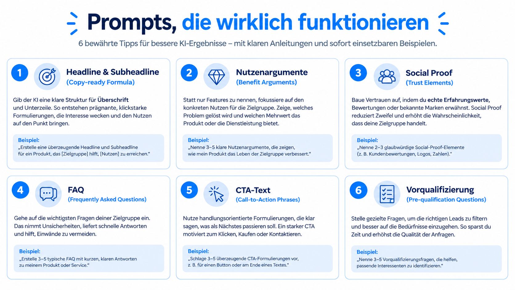 Grafik mit sechs hilfreichen Tipps für effektive KI-Prompts zur Optimierung von Marketing-Texten auf Landingpages.