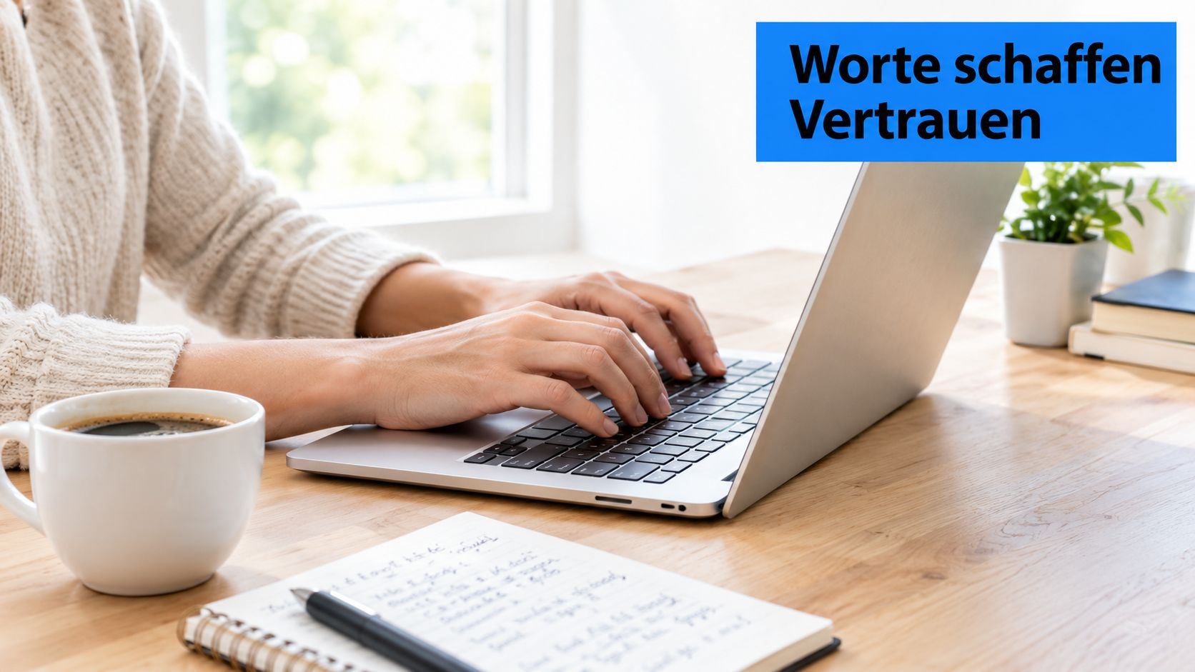 Eine Person tippt auf einem Laptop, während daneben eine Tasse Kaffee und ein Notizblock stehen.