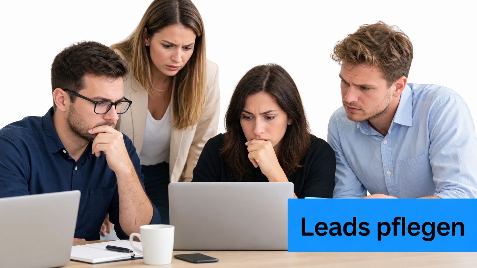 Ein Team von vier Personen analysiert konzentriert digitale Daten auf einem Laptop während eines gemeinsamen Meetings.
